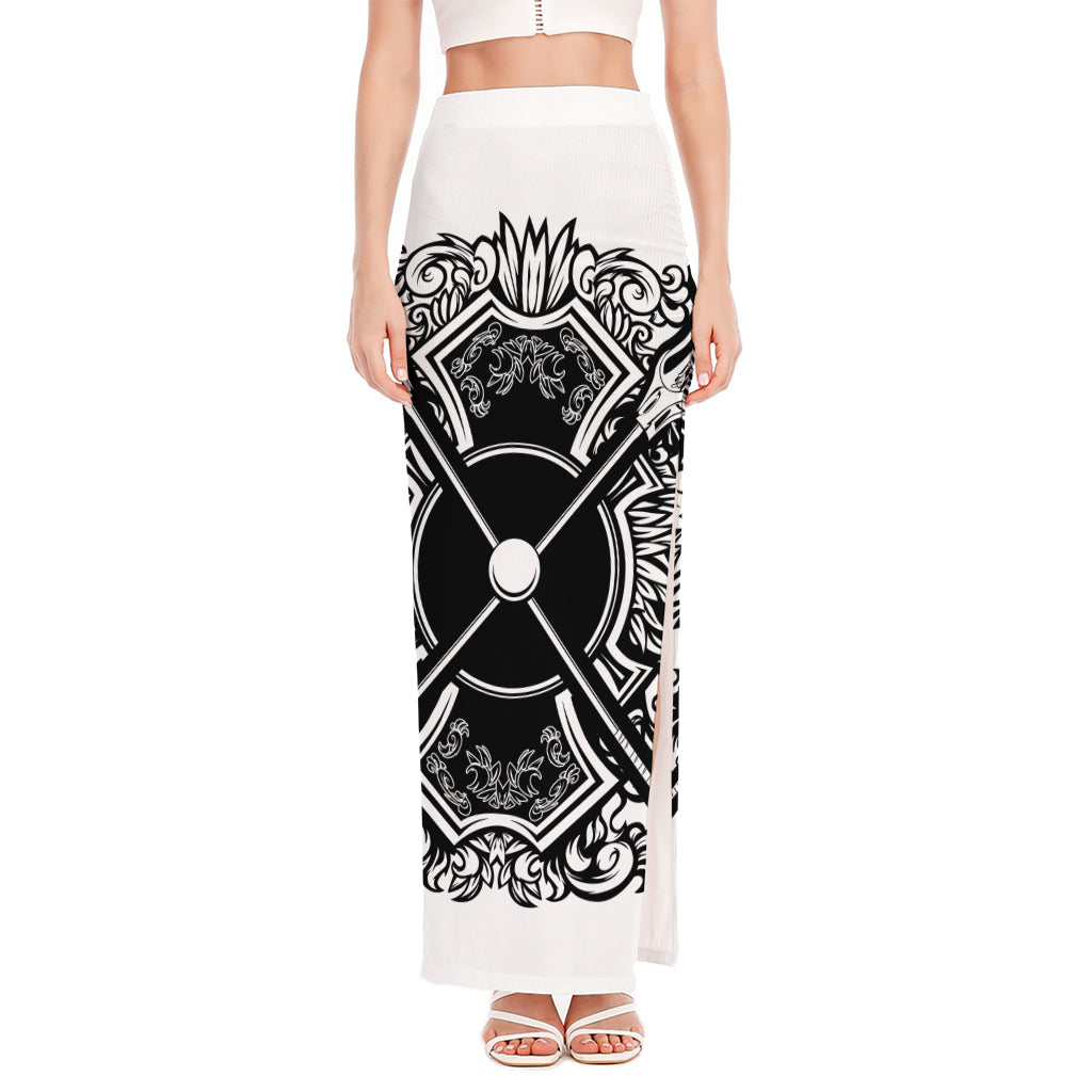 Lacrosse Sticks And Ornate Wing Print High Slit Maxi Skirt