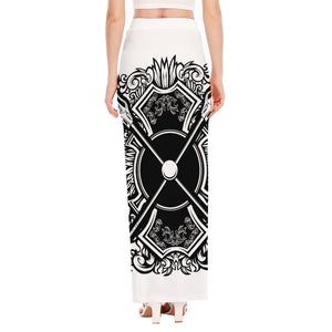 Lacrosse Sticks And Ornate Wing Print High Slit Maxi Skirt