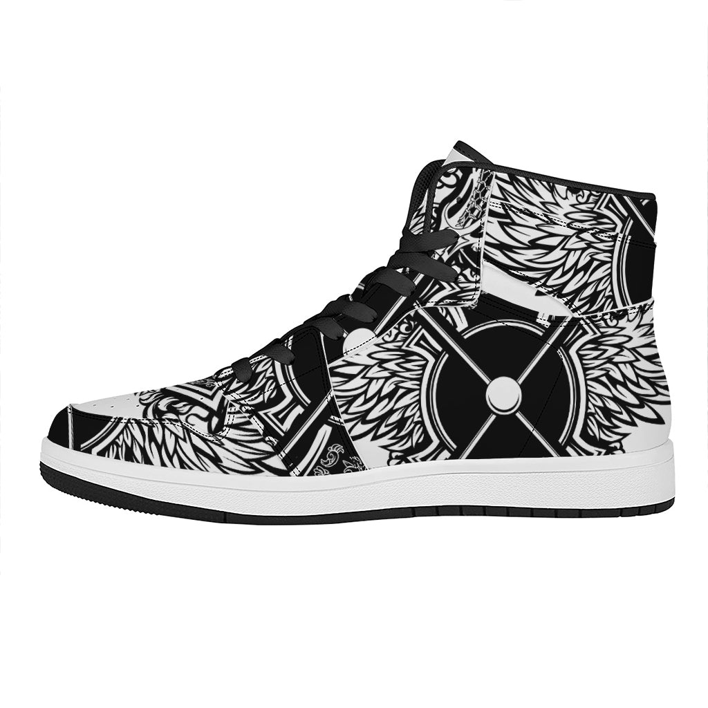 Lacrosse Sticks And Ornate Wing Print High Top Leather Sneakers