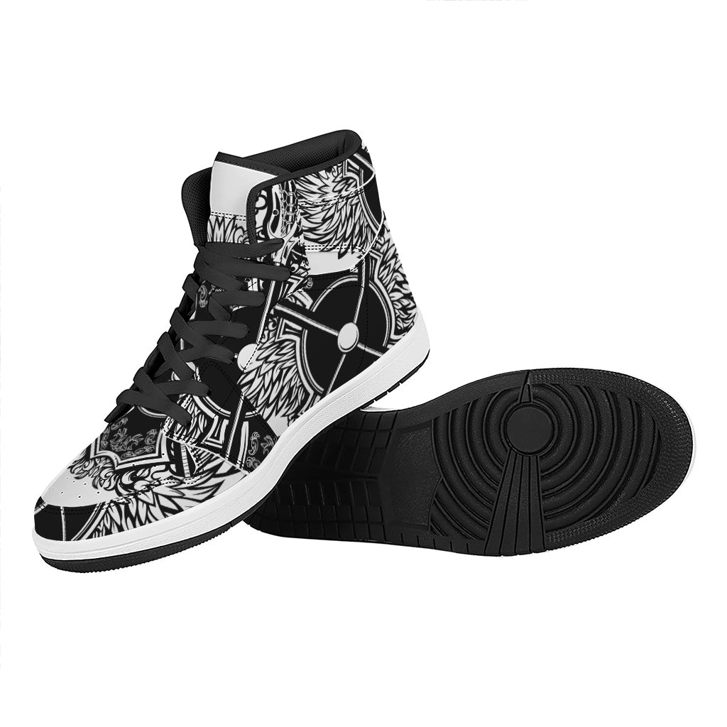 Lacrosse Sticks And Ornate Wing Print High Top Leather Sneakers