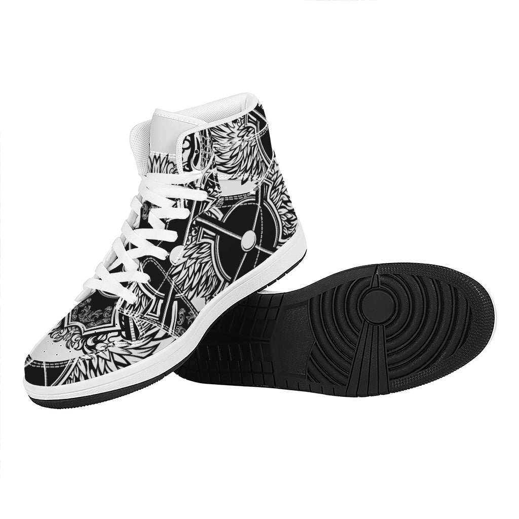 Lacrosse Sticks And Ornate Wing Print High Top Leather Sneakers