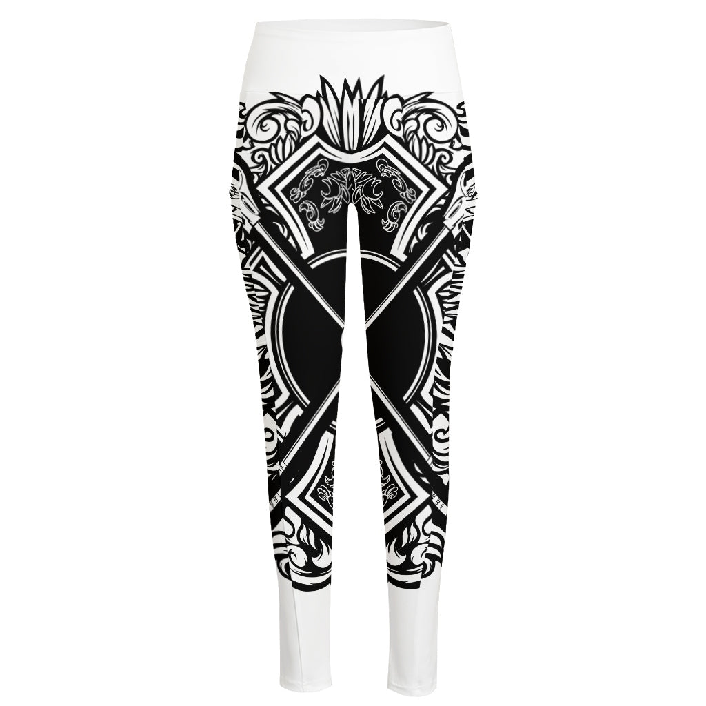 Lacrosse Sticks And Ornate Wing Print High-Waisted Pocket Leggings