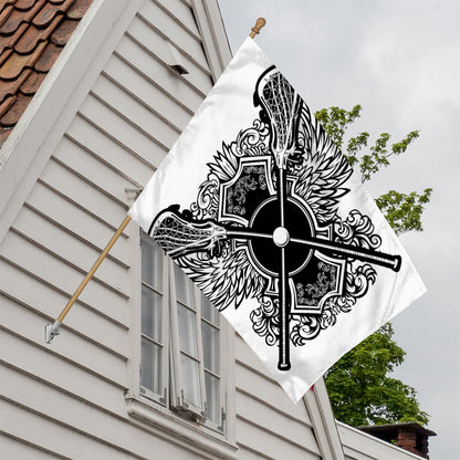 Lacrosse Sticks And Ornate Wing Print House Flag