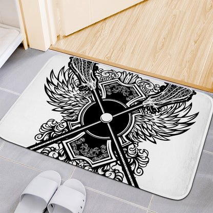 Lacrosse Sticks And Ornate Wing Print Indoor Door Mat