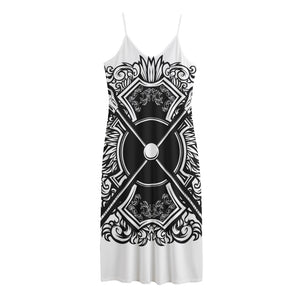 Lacrosse Sticks And Ornate Wing Print Jersey Midi Cami Dress