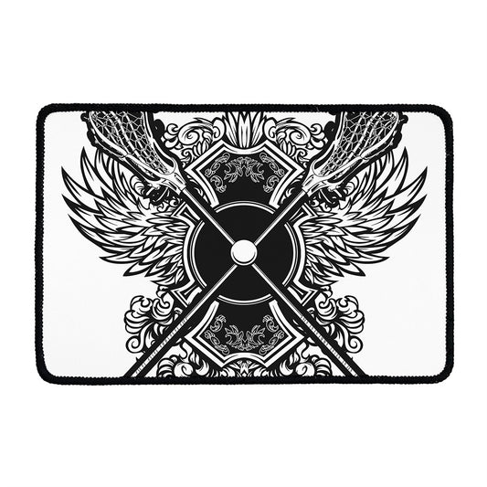 Lacrosse Sticks And Ornate Wing Print Kitchen Mat