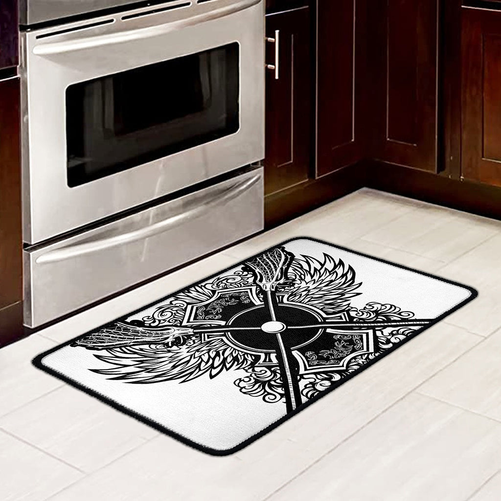 Lacrosse Sticks And Ornate Wing Print Kitchen Mat