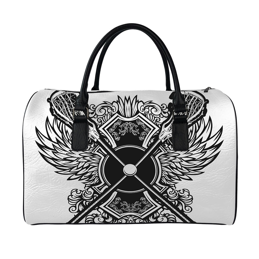 Lacrosse Sticks And Ornate Wing Print Leather Duffle Bag