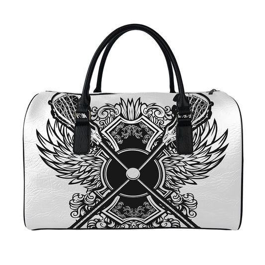 Lacrosse Sticks And Ornate Wing Print Leather Duffle Bag