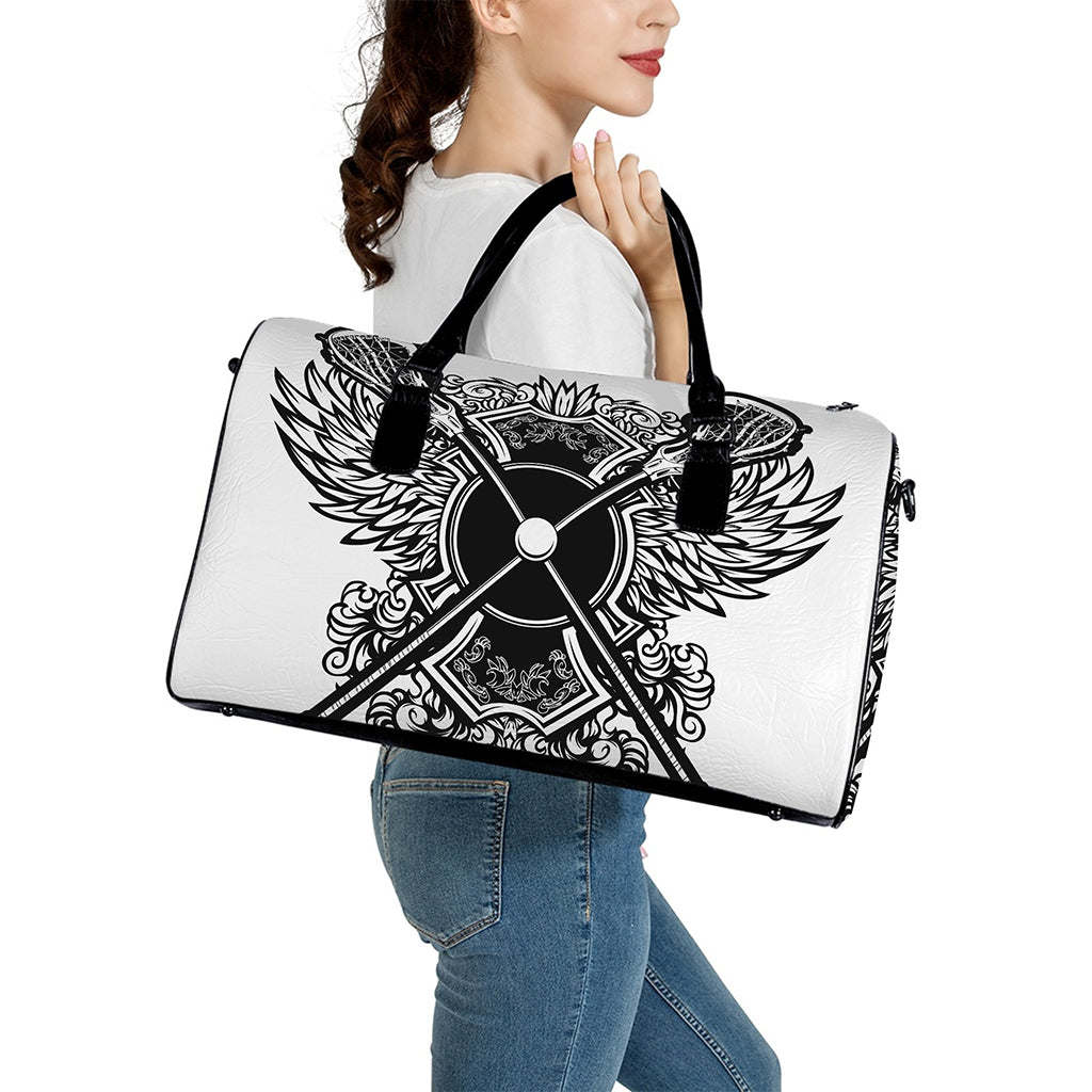 Lacrosse Sticks And Ornate Wing Print Leather Duffle Bag