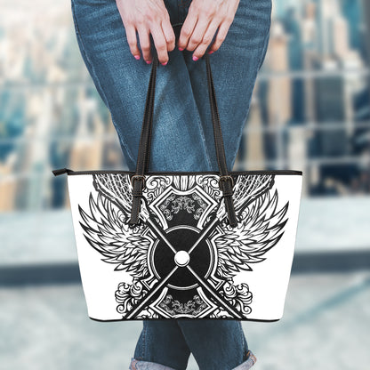 Lacrosse Sticks And Ornate Wing Print Leather Tote Bag