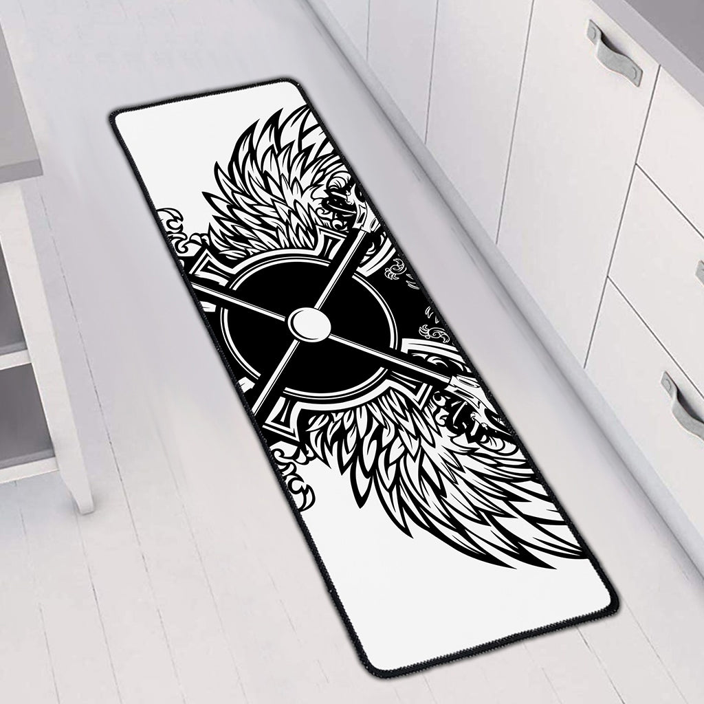 Lacrosse Sticks And Ornate Wing Print Long Kitchen Mat