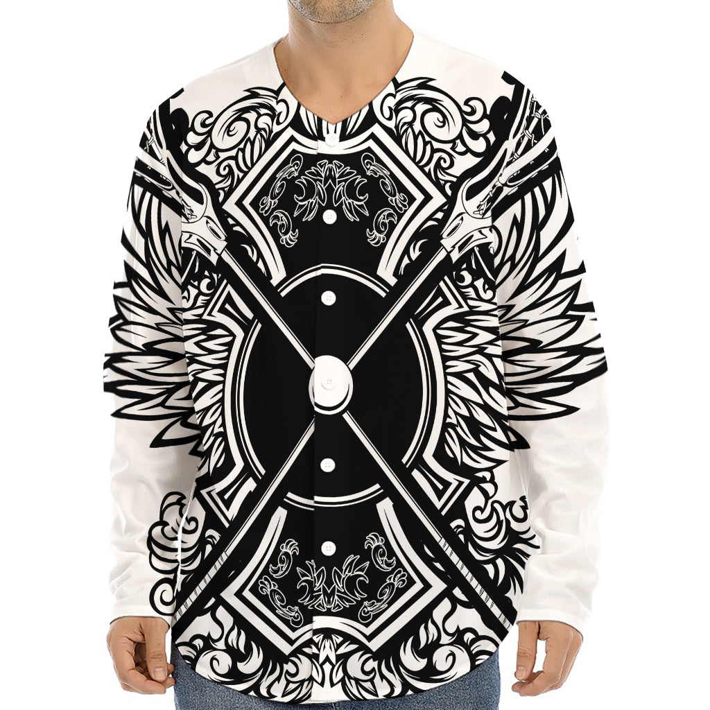 Lacrosse Sticks And Ornate Wing Print Long Sleeve Baseball Jersey