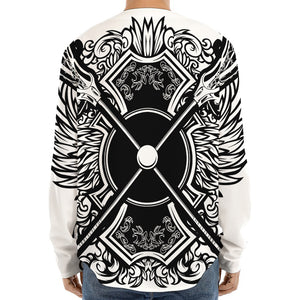 Lacrosse Sticks And Ornate Wing Print Long Sleeve Baseball Jersey