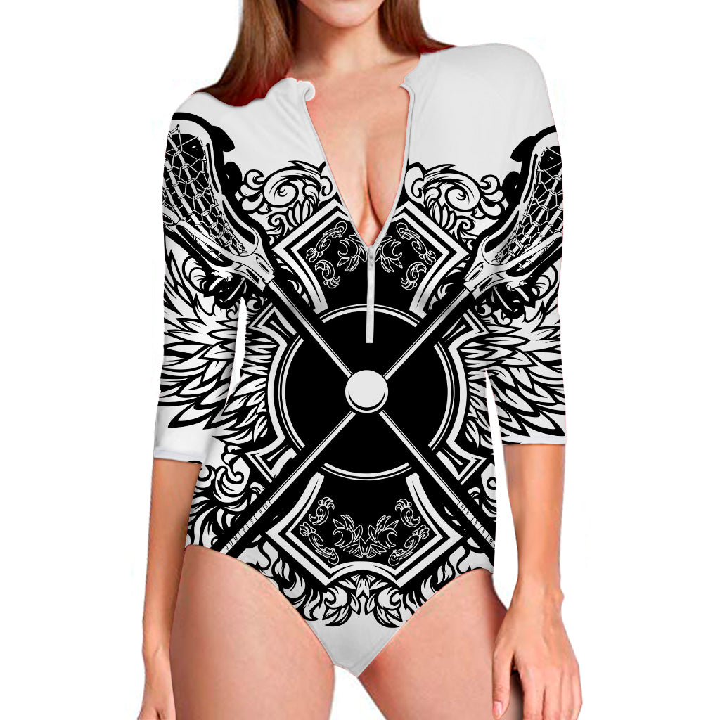 Lacrosse Sticks And Ornate Wing Print Long Sleeve Swimsuit