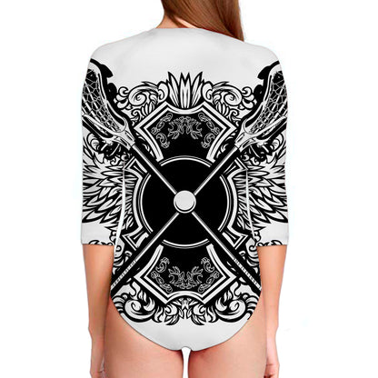 Lacrosse Sticks And Ornate Wing Print Long Sleeve Swimsuit