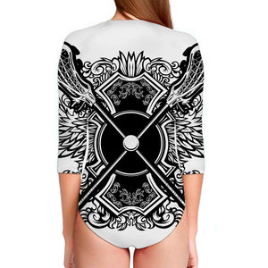 Lacrosse Sticks And Ornate Wing Print Long Sleeve Swimsuit