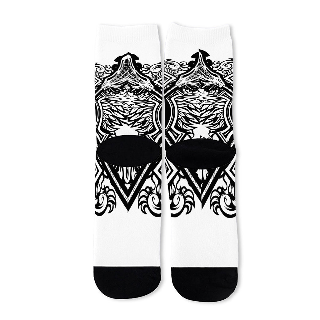 Lacrosse Sticks And Ornate Wing Print Long Socks