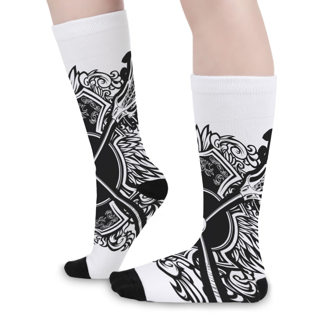 Lacrosse Sticks And Ornate Wing Print Long Socks