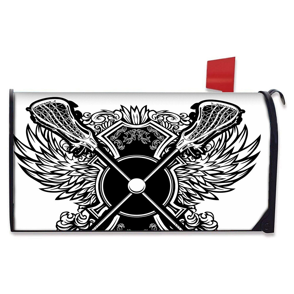 Lacrosse Sticks And Ornate Wing Print Mailbox Cover