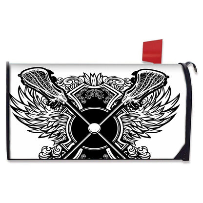 Lacrosse Sticks And Ornate Wing Print Mailbox Cover