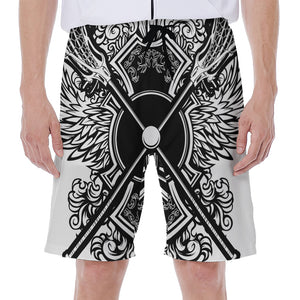 Lacrosse Sticks And Ornate Wing Print Men's Beach Shorts