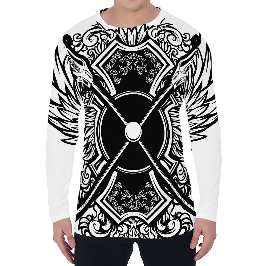 Lacrosse Sticks And Ornate Wing Print Men's Long Sleeve T-Shirt