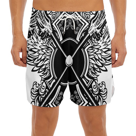 Lacrosse Sticks And Ornate Wing Print Men's Split Running Shorts