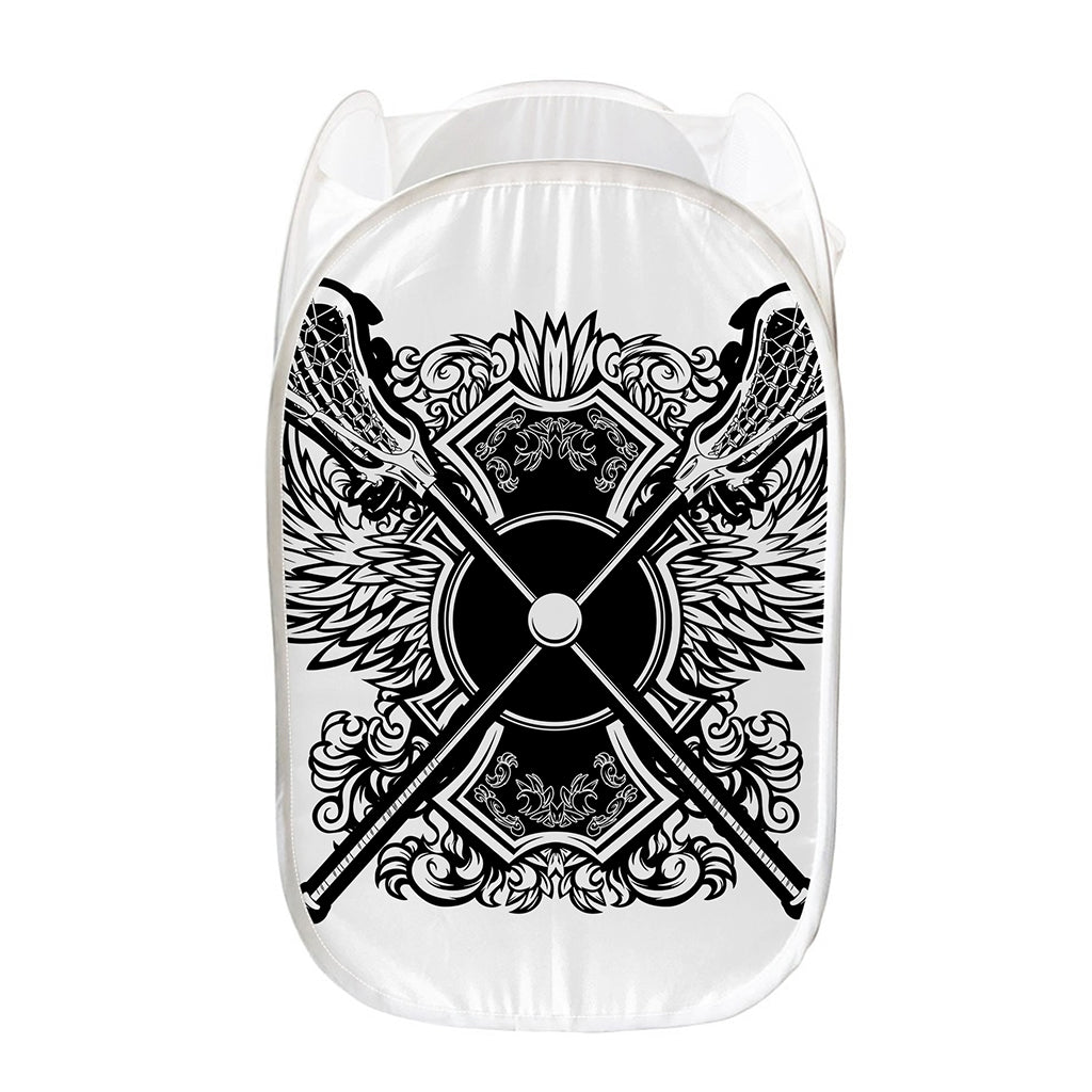 Lacrosse Sticks And Ornate Wing Print Mesh Laundry Hamper
