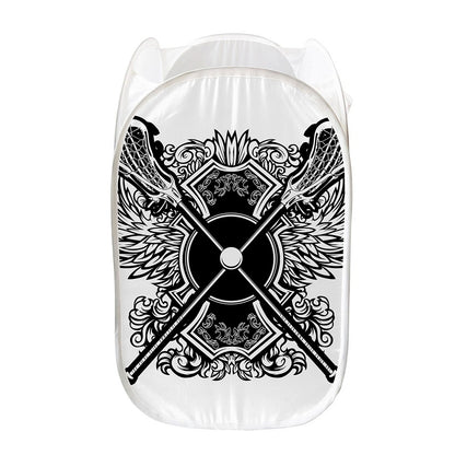 Lacrosse Sticks And Ornate Wing Print Mesh Laundry Hamper