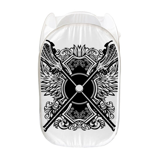 Lacrosse Sticks And Ornate Wing Print Mesh Laundry Hamper