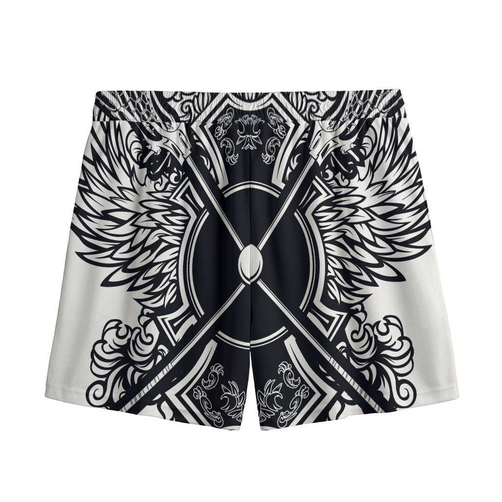 Lacrosse Sticks And Ornate Wing Print Mesh Shorts