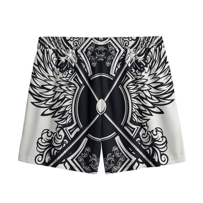 Lacrosse Sticks And Ornate Wing Print Mesh Shorts