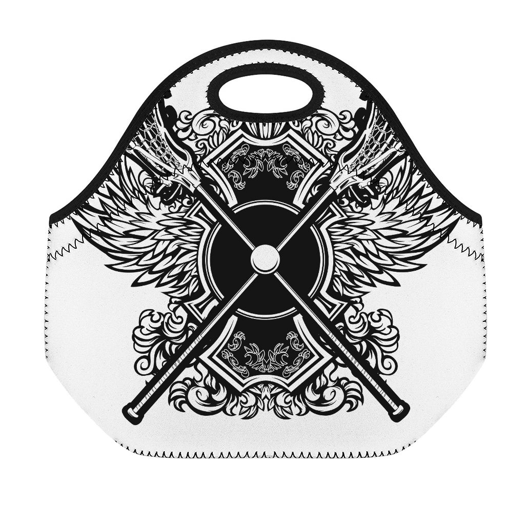 Lacrosse Sticks And Ornate Wing Print Neoprene Lunch Bag