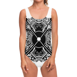 Lacrosse Sticks And Ornate Wing Print One Piece Swimsuit