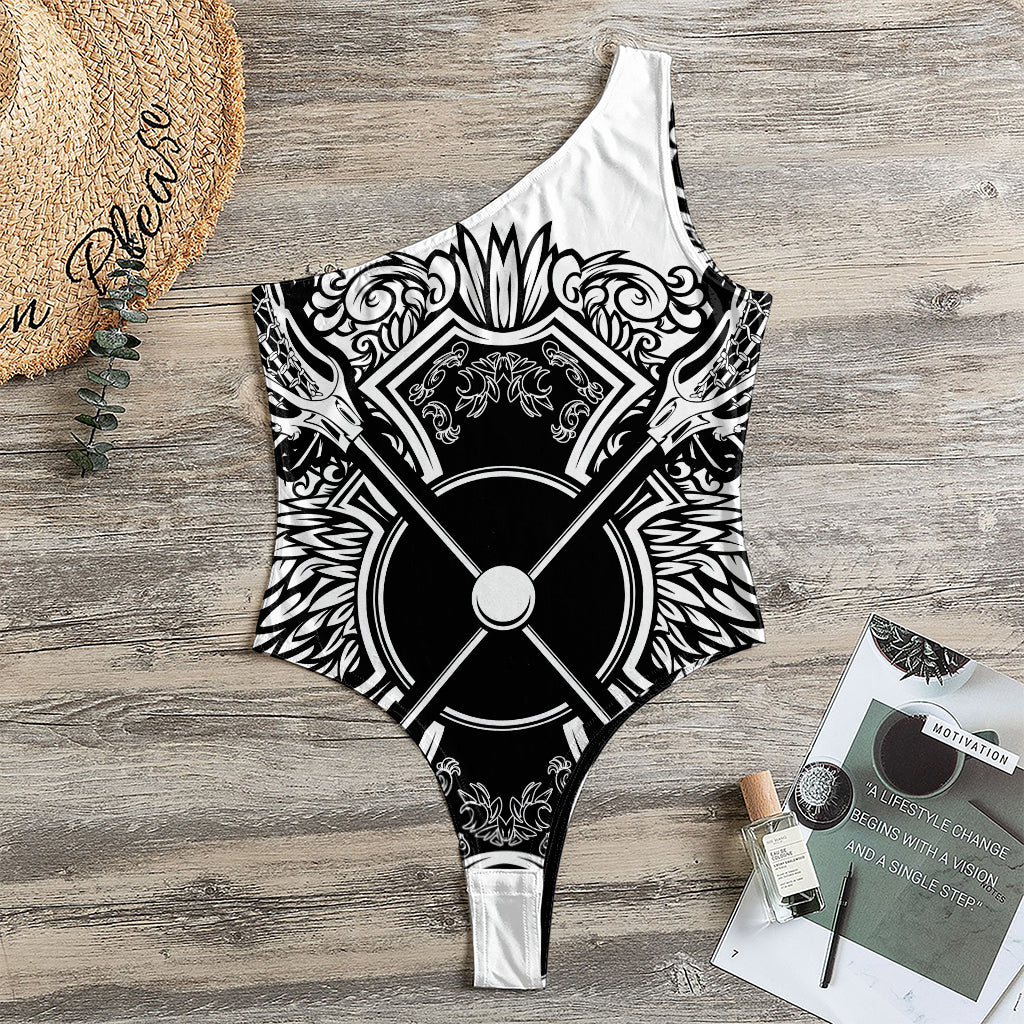 Lacrosse Sticks And Ornate Wing Print One Shoulder Bodysuit