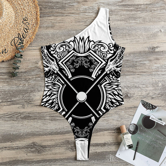 Lacrosse Sticks And Ornate Wing Print One Shoulder Bodysuit