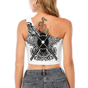 Lacrosse Sticks And Ornate Wing Print One Shoulder Crop Top