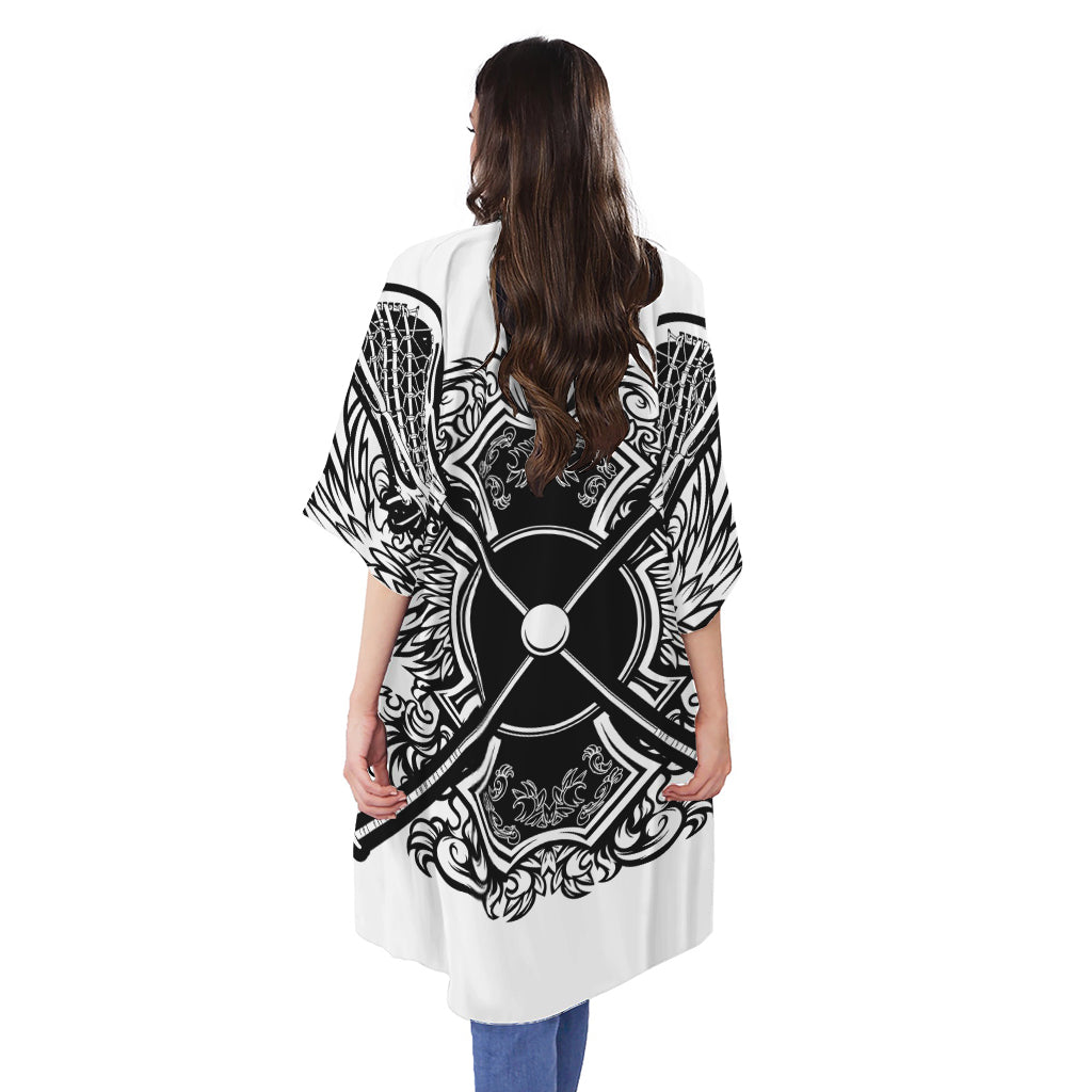 Lacrosse Sticks And Ornate Wing Print Open Front Beach Cover Up