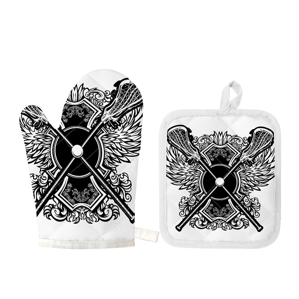 Lacrosse Sticks And Ornate Wing Print Oven Mitt And Pot Holder Set