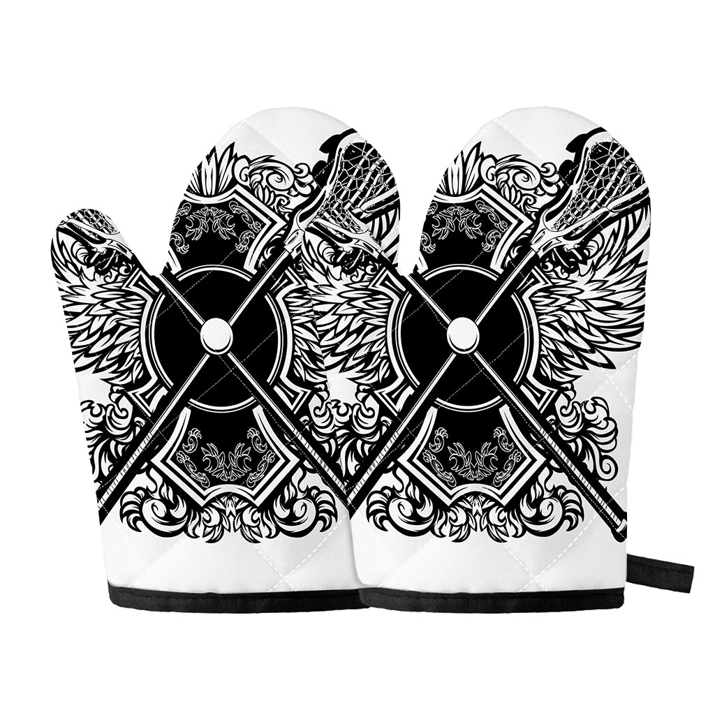 Lacrosse Sticks And Ornate Wing Print Oven Mitts