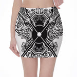 Lacrosse Sticks And Ornate Wing Print Pencil Mini Skirt