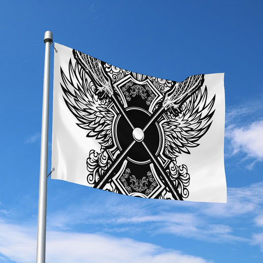 Lacrosse Sticks And Ornate Wing Print Polyester Flag