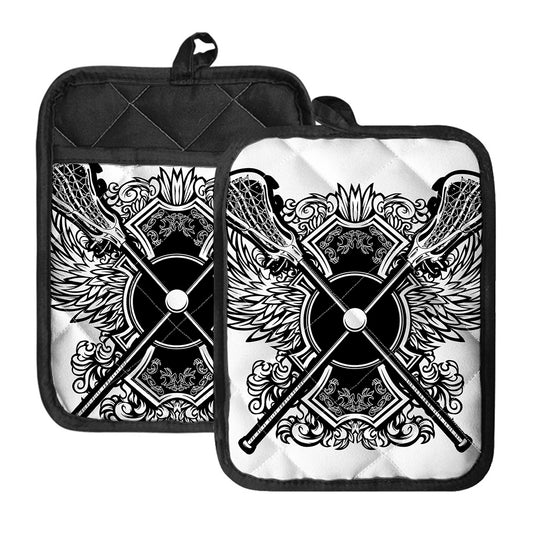 Lacrosse Sticks And Ornate Wing Print Pot Holders With Pocket