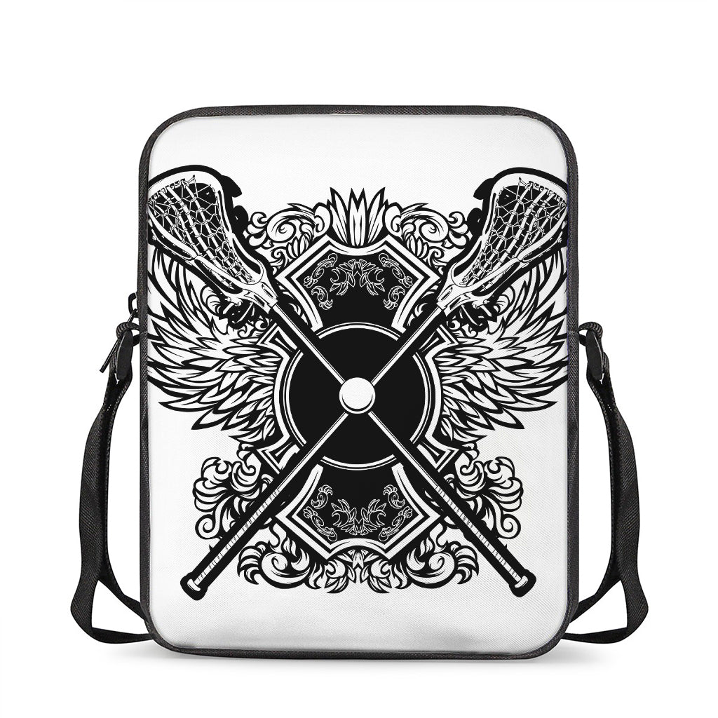 Lacrosse Sticks And Ornate Wing Print Rectangular Crossbody Bag
