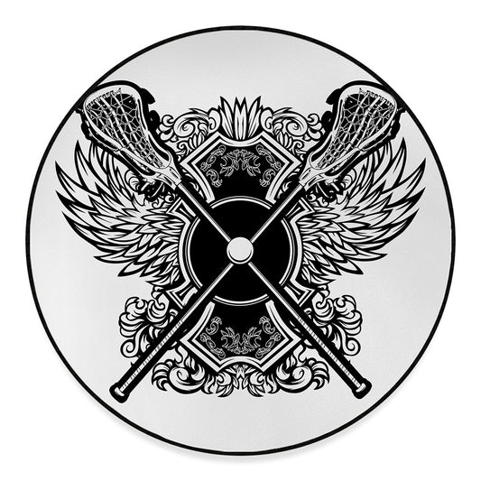 Lacrosse Sticks And Ornate Wing Print Round Floor Mat