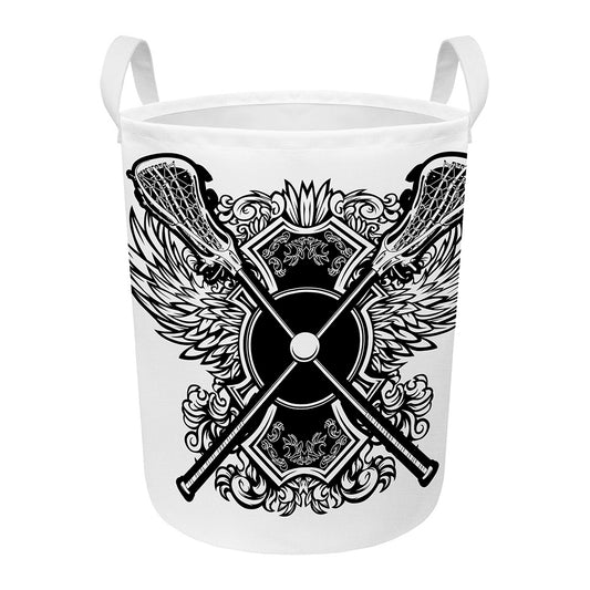 Lacrosse Sticks And Ornate Wing Print Round Laundry Basket