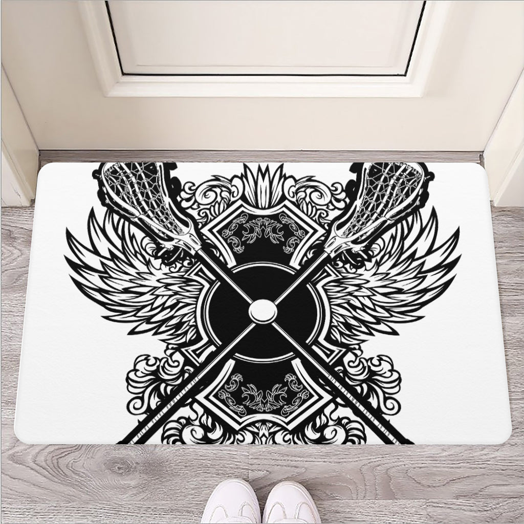 Lacrosse Sticks And Ornate Wing Print Rubber Doormat