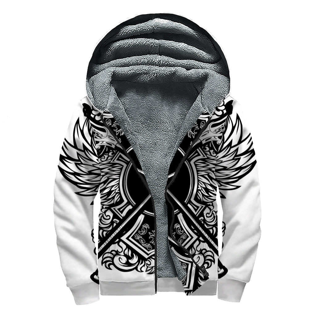 Lacrosse Sticks And Ornate Wing Print Sherpa Lined Zip Up Hoodie
