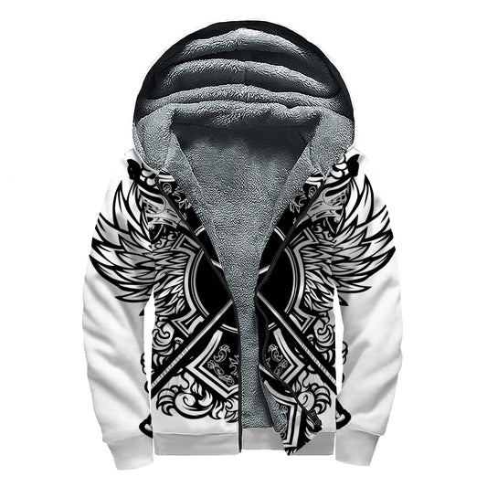 Lacrosse Sticks And Ornate Wing Print Sherpa Lined Zip Up Hoodie